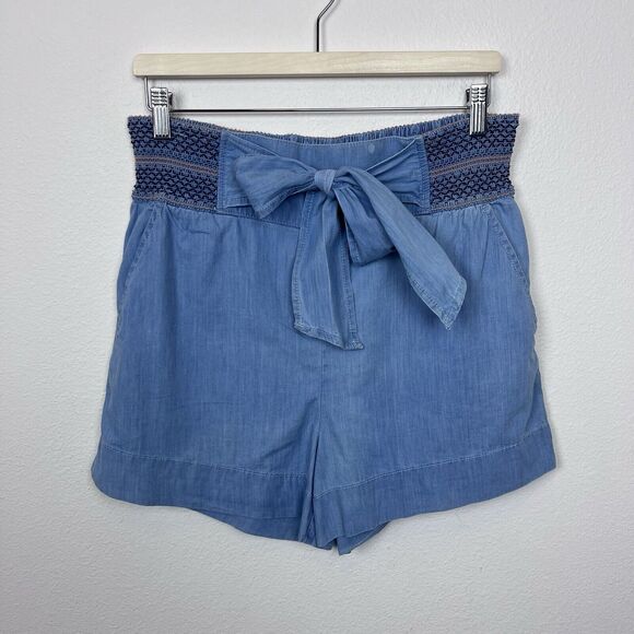 Anthropologie Shorts Womens Extra Small Aloha Chambray Paperbag Smocked Bow Blue - Picture 13 of 14